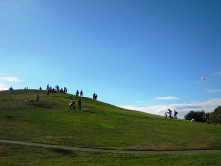 Families and friends gather at the top of Gasworks kite-flying hill