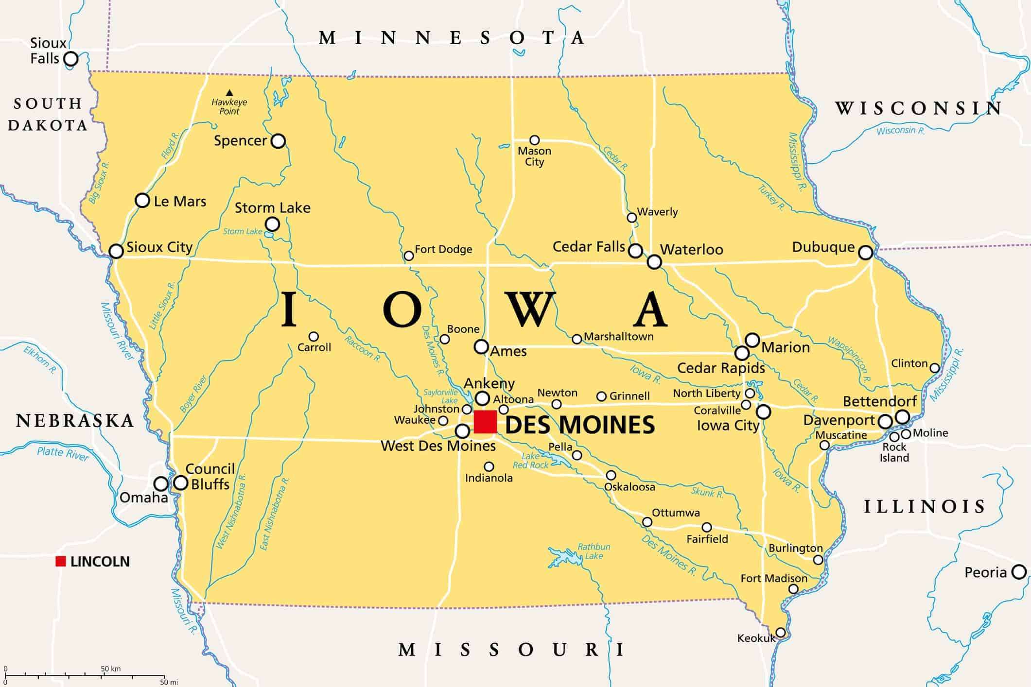 Iowa, IA, political map, US state, nicknamed The Hawkeye State