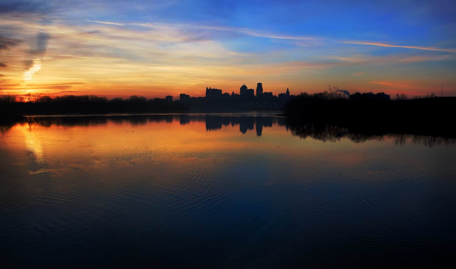 A silhouetted panoramic view of the Kansas City skyline which is located in the Great Plains area in the United States.