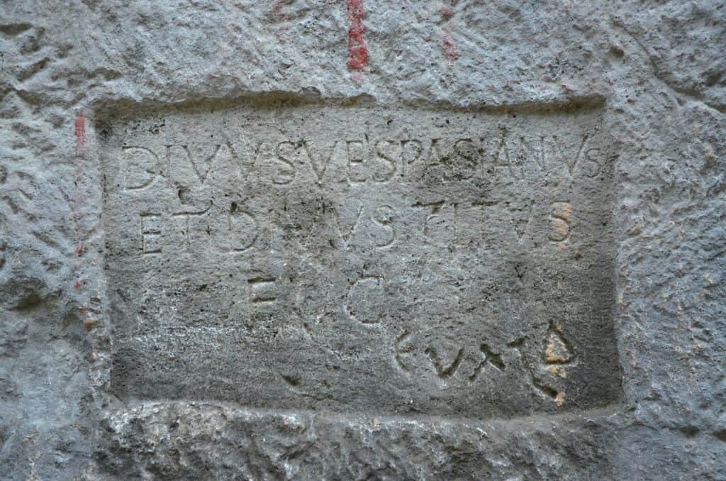 Rock-carved inscription at the entrance of the first tunnel section bears the names Vespasianus and Titus, Seleucia Pieria, Turkey (36329211675)