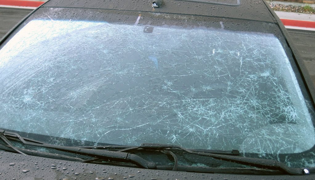 Hailstone-smashed front windshield of a car from 4 July 2010 hailstorm (Limon, eastern Colorado, USA)