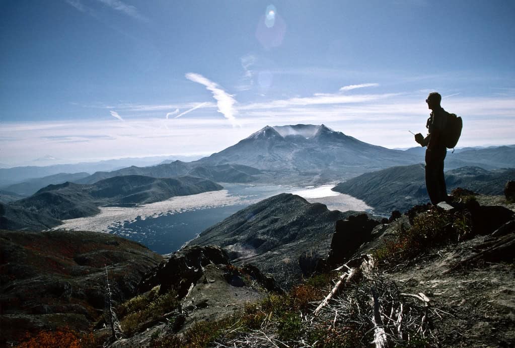 Backcountry Ranger Viewing Spirit Lake and Mt St Helens, Gifford Pinchot National Forest