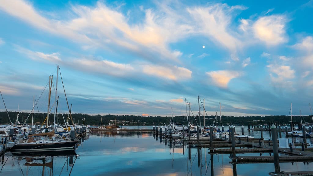 Sunset and Moon Rise over Bremerton, Washington. Beautiful skies over western Washington.