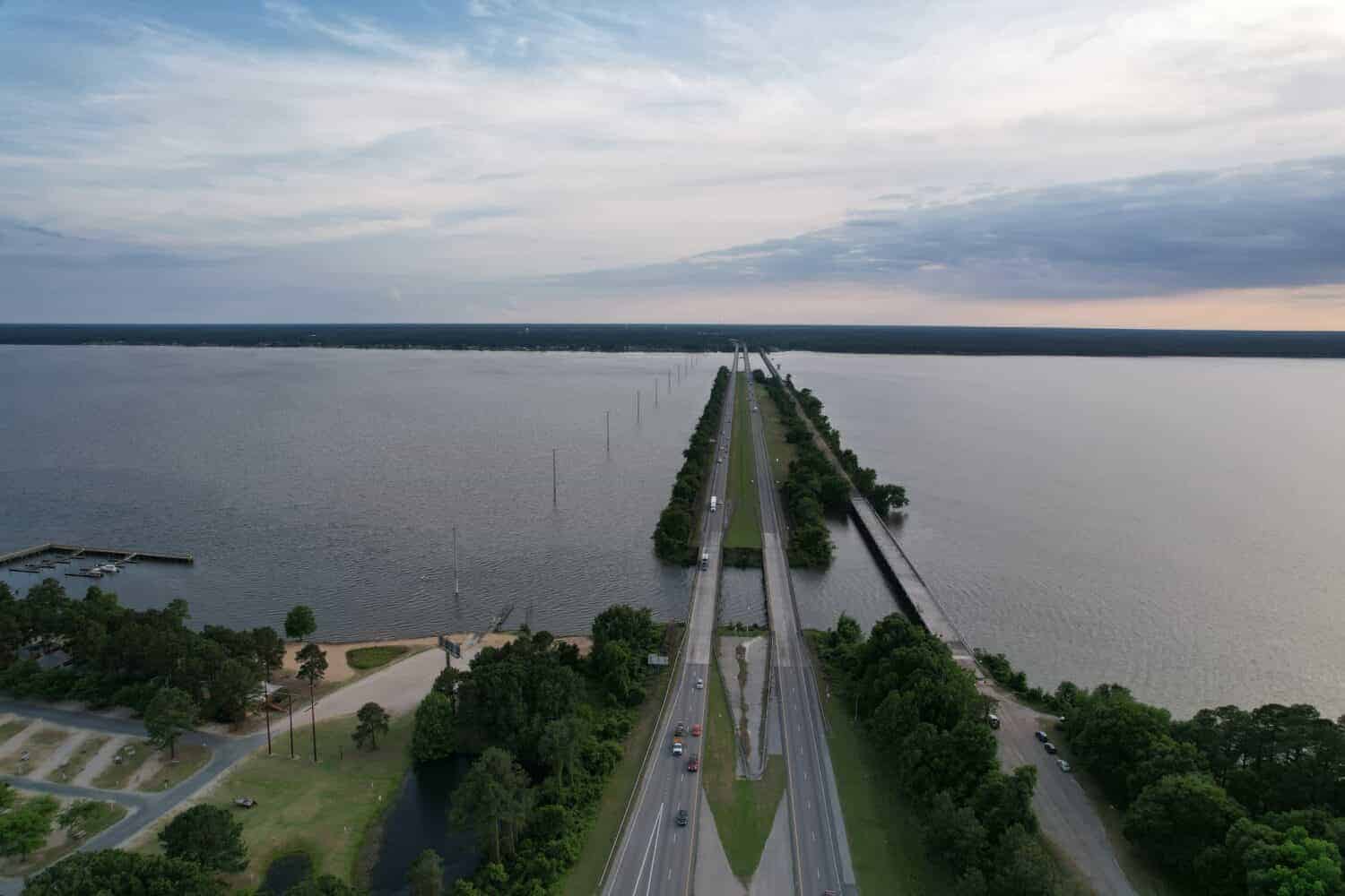 Aerial views from over Interstate 95 at Lake Marion in Santee, South Carolina