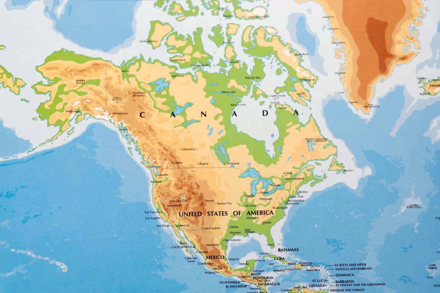 world map of north america continent with united states of america, canada and mexico with all border lines