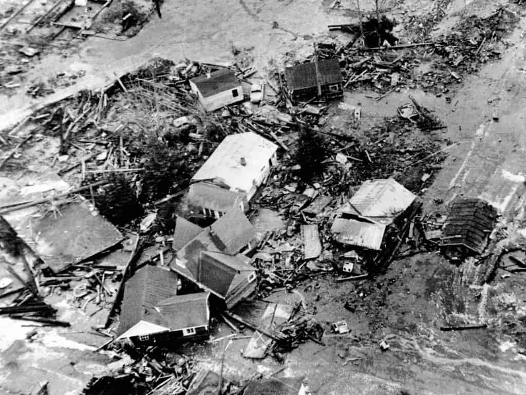 Black and white photo of 1964 Alaska earthquake A 30 foot high tidal wave caused by the earthquake destroyed low lying areas of coastal town of Seward