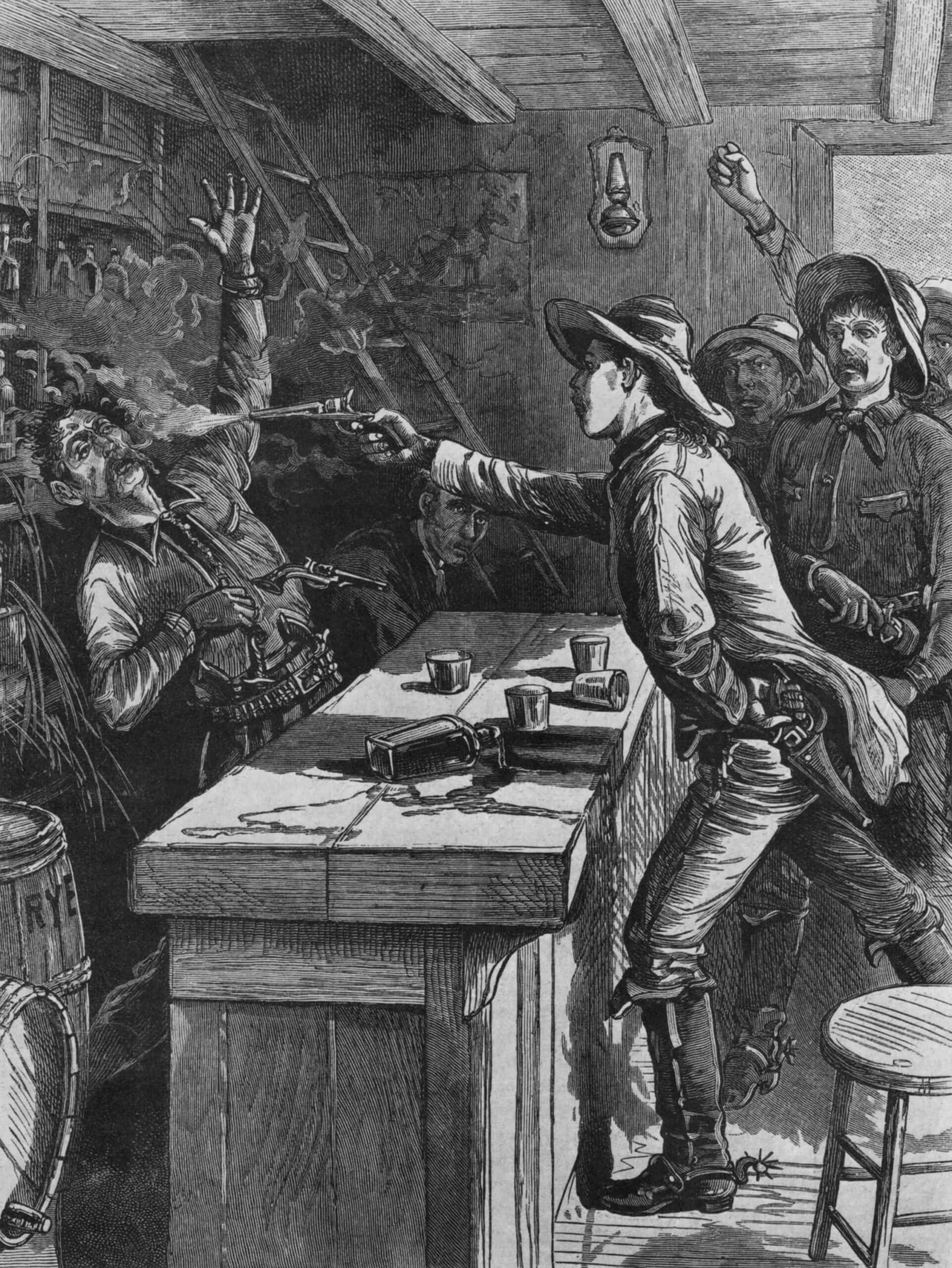 Billy the Kid (1859-81), shooting a bartender in 1880. Illustration from the POLICE GAZETTE. Wood engraving.